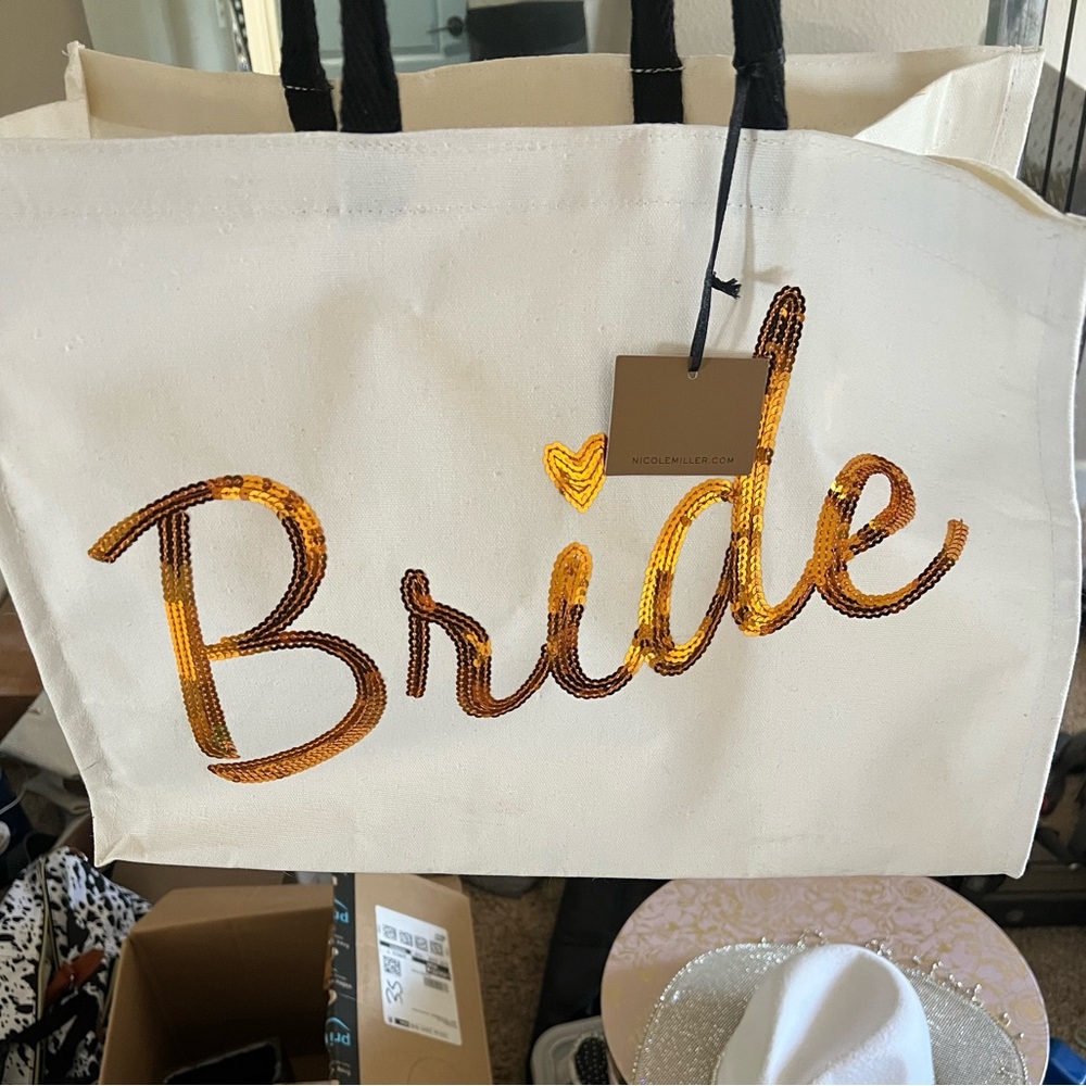Nicole Miller Cream Bride Tote Bag with Gold Sequins